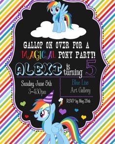 a pony birthday party with rainbows and hearts on the front, including an image of a