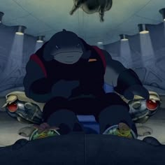 an animated character sitting on the ground in front of a ceiling