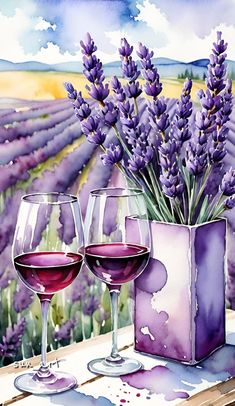 two glasses of wine on a table with lavenders