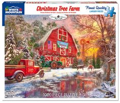 a jigsaw puzzle featuring a farm scene with a red truck and horse in the snow