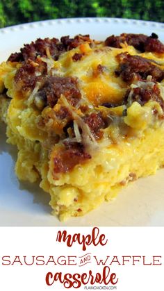 a close up of a plate of food with the words maple sausage and waffle casserole