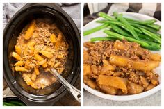 two pictures show different types of food in the same pan and one shows how to cook hamburger potato casserole