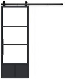 an open door with black frame and glass on the bottom half, in front of a white background