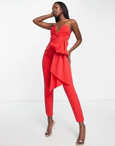 ASOS DESIGN scuba plunge bandeau jumpsuit with bow detail in red | ASOS Spring Party Jumpsuits And Rompers With Bow, Spring Party Jumpsuit With Bow, Fitted Summer Jumpsuits And Rompers With Bow, Bandeau Jumpsuit, Neck Bow, Bow Detail, Body Fit, Red Fashion, Color Trends