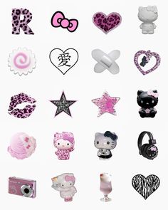 many different types of hello kitty stickers on a white background with pink and black designs