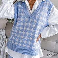 Lasaky - Stylish Houndstooth Printed V-neck Vest: A Classy and Fashionable Sleeveless Attire for Womens Spring and Fall Wardrobe Collection Trendy Vest, Party Dress Long Sleeve, Sweater Crop, New Chic, Puff Sleeve Dresses, Vest White, Crop Top Sweater, Party Dress Long, Boho Maxi Dress