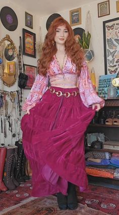 Pink Witchy Outfits, Pink Whimsigoth Outfit, Pink Hippie Outfit, Ethereal Fashion Casual, Whismgoth Outfits, Pink Whimsigoth, Fairytale Clothes, Flowy Clothing, Witchy Outfits