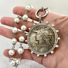 Old Silver Coins, Silver Coin Necklace, Pearl Chain Necklace, Coin Pendant Necklace, Toggle Necklace, Gold Necklace Designs, Coin Jewelry, Jacksonville Fl, Greek Goddess