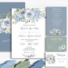 wedding cards with blue and white flowers on them