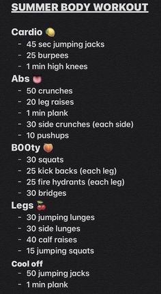 an image of a workout plan for the summer body workout on a black background