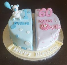 two heart shaped birthday cakes on a table