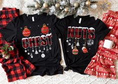 two christmas shirts with the words nuts and ornaments on them next to a christmas tree