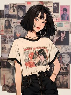 a girl with black hair and piercings standing in front of a bunch of posters