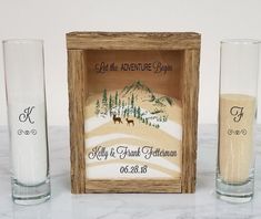 "Rustic Unity Sand Ceremony Set Shadow Box, Unity Candle Alternative for Barn Wedding, Rustic Wedding, Country Wedding, or Woodlands Wedding The wedding couple will find this set very easy to use. No funnel is necessary to pour the sand into the top of the shadow box. The large hinged opening flips up to allow you to not only pour your sand with ease, but also add other keepsakes such as seashells from your wedding location. The lid flips shut and seals with a latch, allowing you to take your sa Unity Candle Alternative, Rustic Unity Candle, Unity Candle Alternatives, Unity Ideas, Woodlands Wedding, Unity Candle Holder, Sand Ceremony Set, Unity Sand Ceremony, Unity Sand