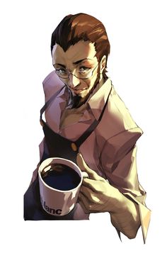 a man is holding a cup of coffee