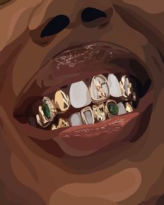 a close up of a person's mouth with gold and green jewelry on it