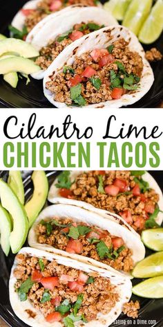 three chicken tacos on a plate with avocados and cilantro lime