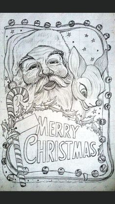 a drawing of santa claus holding a sign with candy canes in his mouth and reindeer's nose