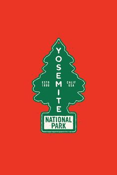 the yosemite national park logo is shown on a red background with green trees