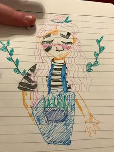 a child's drawing of a girl holding a potted plant in her hand