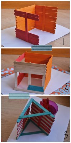 four different views of an origami house made out of construction paper and cardboard