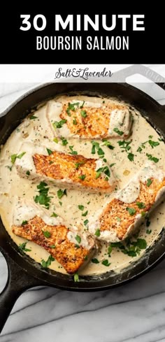 This Boursin salmon recipe has the dreamiest cream cheese herb sauce! The salmon is tender and flaky in this simple weeknight dinner. Salmon With Cream Cheese, Salmon Sauce Recipes, Lemon Herb Sauce, Salmon With Cream Sauce