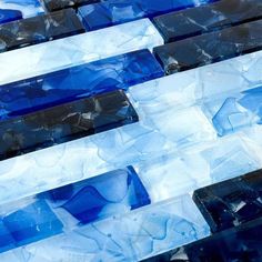 Liquid Glass Mosaic Tile Cobalto Blend 1 x 6 Royal Blue Kitchen Backsplash, Blue Kitchen Accessories Splashback, Blue Kitchen Island Backsplash, Blue Backsplash Kitchen, Bathroom Materials, Cinnamon Tree, Underground Pool, Glass Kitchen Backsplash, Plank Ceiling