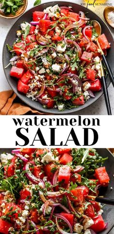 two plates filled with different types of salads and the words watermelon salad above them