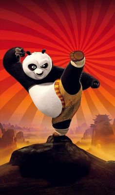 a cartoon panda is doing a trick on top of a rock with his arms in the air