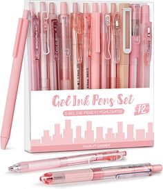 the pink pen set is in its box and contains 12 pens, including one for each individual