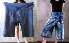 two pictures of the same person holding up a pair of blue pants