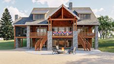 a rendering of a house with an american flag on the front porch and second story balcony