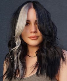 White Highlights With Bangs, Black Hair Blonde Color Block, Part Blonde Part Black Hair, Black Hair With Bright Money Piece, Quarter Panel Hair Color, Two Tone Money Piece Hair, Quarter Dyed Hair Blonde And Brown, Blond Block With Brown Hair, Black Hair With Fashion Colors