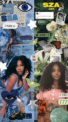 the collage has many different pictures and words on it, including an image of a woman