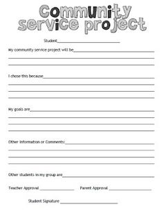 the community service project form is shown in black and white, with text on it