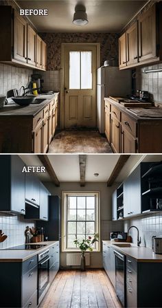 before and after pictures of a kitchen remodel with wood flooring, cabinets and appliances