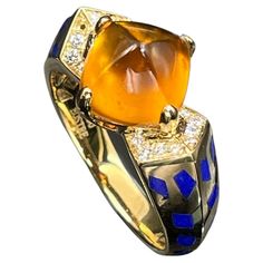 Spessartite Garnet, 18k Yellow Gold Ring, Yellow Gold Ring, Blue Colour, Color Azul, Cocktail Rings, Pave Diamonds, Wedding Ring Bands, Lapis Lazuli