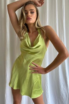 Satin Halter Dress, Apple Dress, Halter Mini Dress, Short Sleeve Mini Dress, Satin Mini Dress, Halterneck Dress, Draped Dress, Gingham Dress, Green Satin