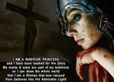 a woman with blood on her face next to a cross and the words i am a warrior princess