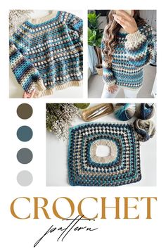 the crochet afghan pattern is shown in blue and white, with two different colors