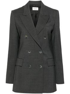 grey virgin wool blend mélange effect double-breasted button fastening peak lapels long sleeves buttoned cuffs chest welt pocket dart detailing two side flap pockets English rear vents full lining straight hem Yoko London, City Dress, Summer Beach Wear, Lady Dior, Outerwear Women, Coat Dress, Dart, Welt Pocket, Jacket Tops