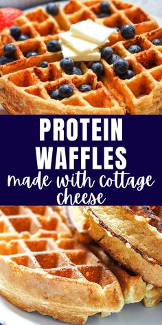 two waffles with blueberries and butter on top are shown in this collage