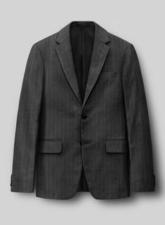 Exude confidence with finesse in our Hardy Minnis Charcoal Pinstripe Wool Suit. This sartorial masterpiece showcases a timeless pinstripe design, elegantly rendered in a sophisticated charcoal hue. Crafted from luxurious wool fabric renowned for its exceptional drape and breathability this suit ensures both comfort and a flawless silhouette. Whether you are attending high-stakes business meetings or prestigious evening events, this suit guarantees you make a statement with unparalleled grace and elegance.   The "Enterprise" collection by Hardy Minnis, crafted from Huddersfield's rich textile heritage, offers luxurious Super 100s fabric weighing 210gsm. Ideal for suits and formal wear, this collection combines traditional and modern designs, ensuring smooth handling and year-round wearabili Elegant Pinstripe Suit With Suit Collar, Elegant Pinstripe Suits For Work, Elegant Pinstripe Suit For Formal Occasions, Elegant Striped Suits For Semi-formal Occasions, Striped Suits For Formal Occasions, Striped Suits In Suiting Fabric For Formal Occasions, Elegant Tailored Striped Suits, Elegant Striped Suits For Business Casual, Striped Semi-formal Suit