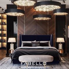 a modern bedroom with black and gold decor, chandelier lights and an upholstered bed