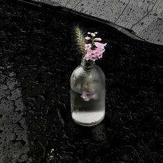 a glass bottle with water and flowers in it sitting on the ground next to an umbrella