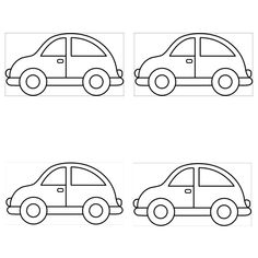 four cars are shown in three different ways