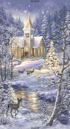 a painting of a church in the snow with deer and trees around it, all lit up at night