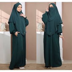 "\"Raudah Set (Jubah, Headscarf, Niqab) (3 piece set) 🍃 Hidden pocket for convenience. 🍃 Wudhu (ablution) friendly design. 🍃 Crafted from premium Cey Crepe fabric. 🍃 Ironless feature, no need to iron/press. 🍃 Umrah and Hajj-friendly. The Raudah Set encompasses a graceful robe paired with a full-length headscarf and niqab veil. Designed with practicality in mind, the robe incorporates a pocket and elasticized cuffs for wudhu ease, complemented by a front zipper catering to nursing mothers. Please refer to size chart for Abaya (measurement in inches) The headscarf, a Khimar Khadijah, is accompanied by a 55-inch (diagonally) veil. Ideal for diverse occasions like Umrah, everyday errands, professional settings, school commitments, or leisurely outings. Crafted from premium Cey Crepe fabri Traditional Solid Color Khimar For Eid, Traditional Solid Khimar For Eid, Green Long Sleeve Niqab For Eid, Green Niqab For Eid, Green Khimar For Eid, Abaya With Hijab, Khimar Niqab, Nursing Mother, Hidden Pocket