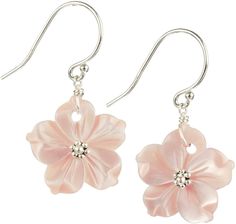 Pink Mother of Pearl Shell Flower Sterling Silver Dangle Earrings Handmade in the USA Made with Genuine Carved Mother of Pearl Shells  15-18MM Made with genuine 925 Stamped Sterling Silver Mother-of-Pearl (Shell) is the inner lining of oysters from which pearls are grown. The natural nacre of the shell offers a beautiful shimmer and shine that adds to these playful flower earrings! Pearl Flower Earrings, Freshwater Pearl Bracelet, Silver Dangle Earrings, Sterling Silver Dangle Earrings, Christmas Gift Jewelry, Shiny Things, Sterling Silver Flowers, Pearl Shell, Pearl Flower