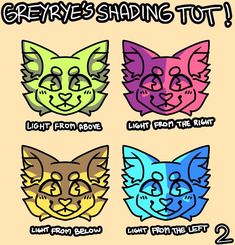 four different colored cats with the words grey's hiding tot on their faces